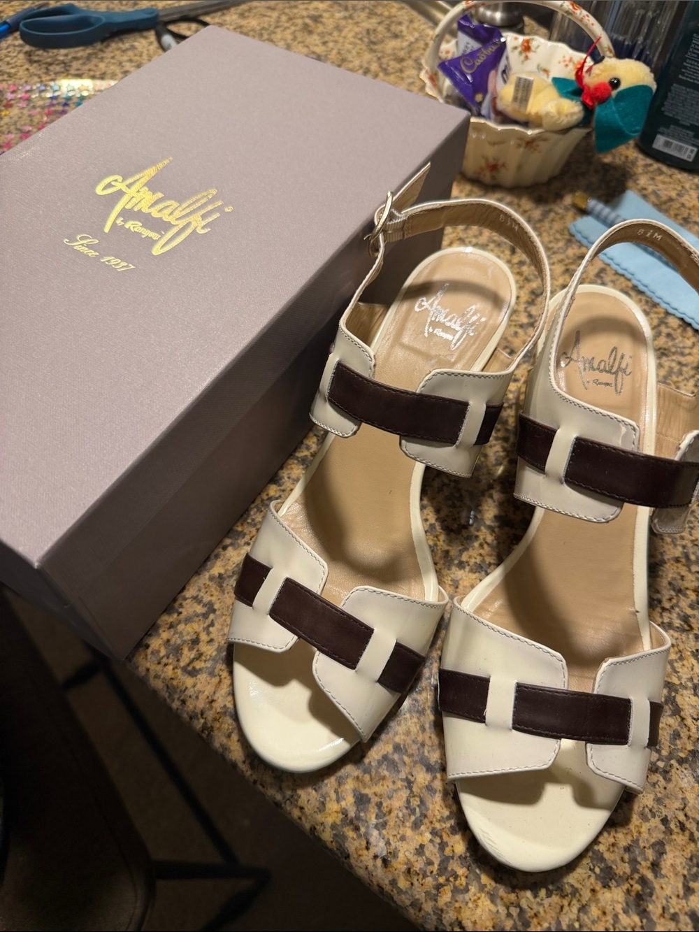 Cream & Brown Leather Slingback Sandals